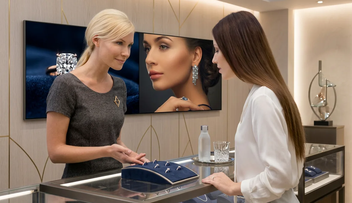 negozio di gioielli con display digital signage per il brand dei prodotti