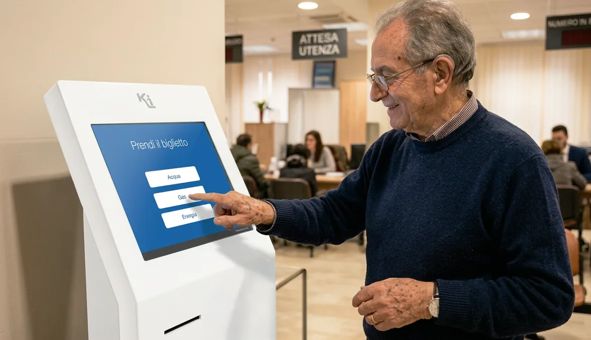Cittadino anziano che utilizza il totem touch screen per la gestione del proprio turno allo sportello di una utility
