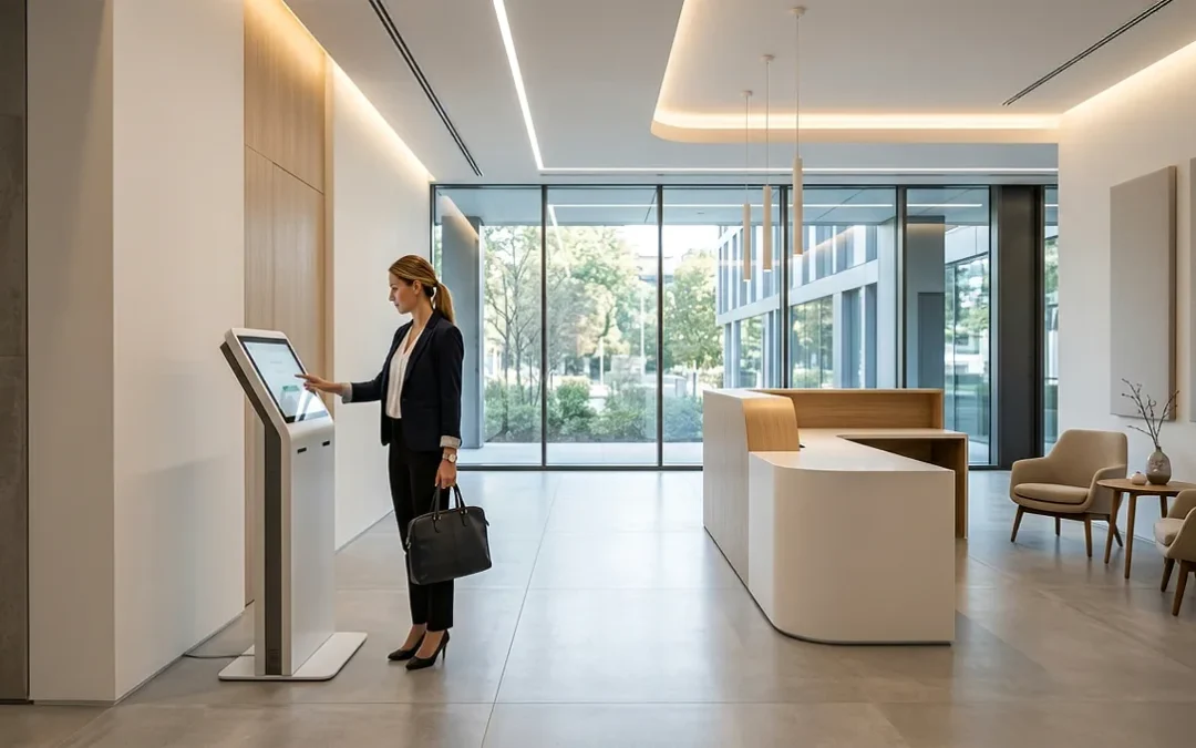Reception aziendale con totem digitale Kiosk Varco per la registrazione visitatori in tempo reale