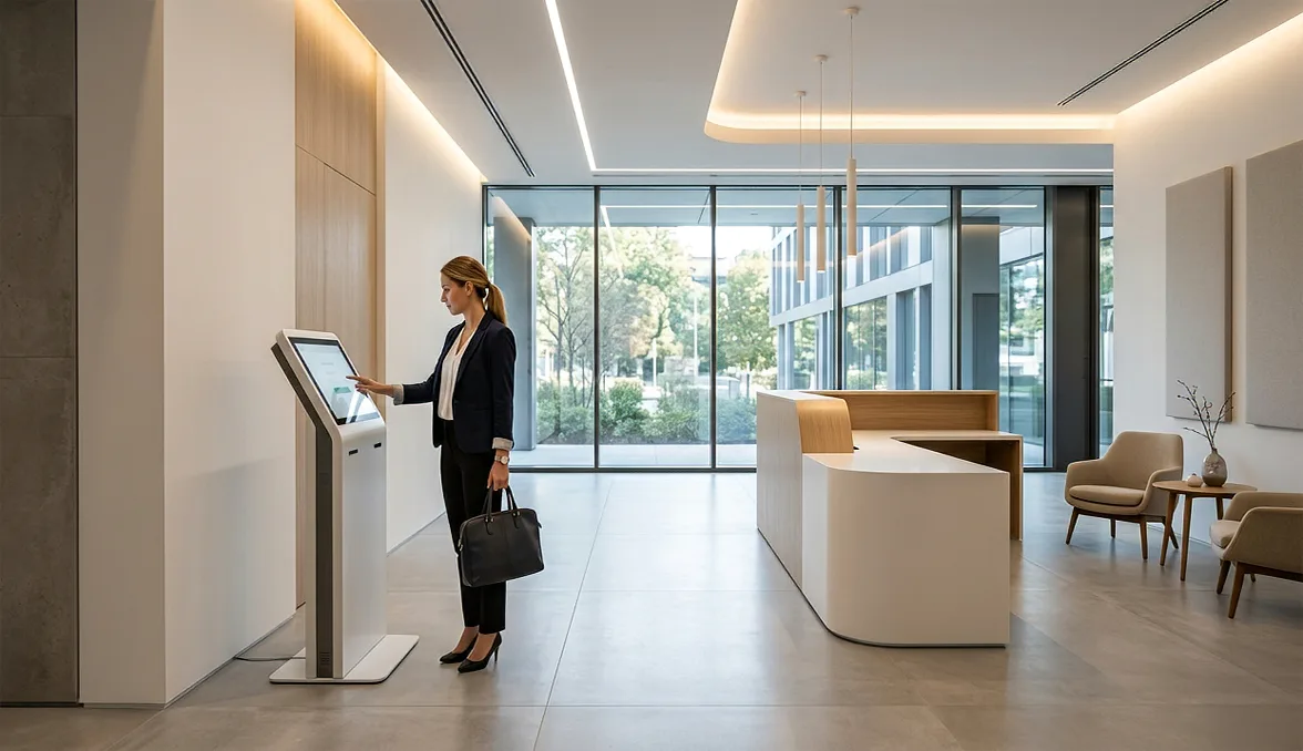 Reception aziendale con totem digitale Kiosk Varco per la registrazione visitatori in tempo reale