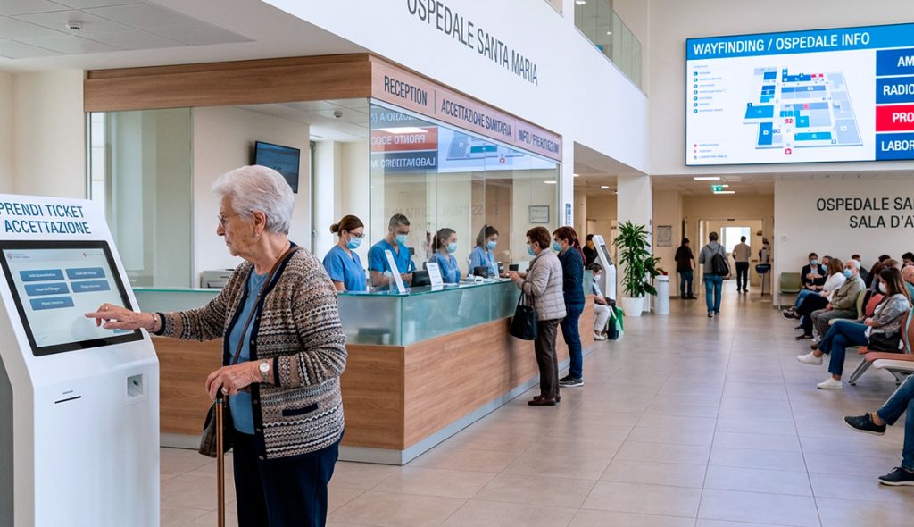 Digital signage per ospedali e cliniche: come migliorare l'esperienza del paziente esempio di digital signage in reception di ospedale: eliminacode e videowall con wayfinder