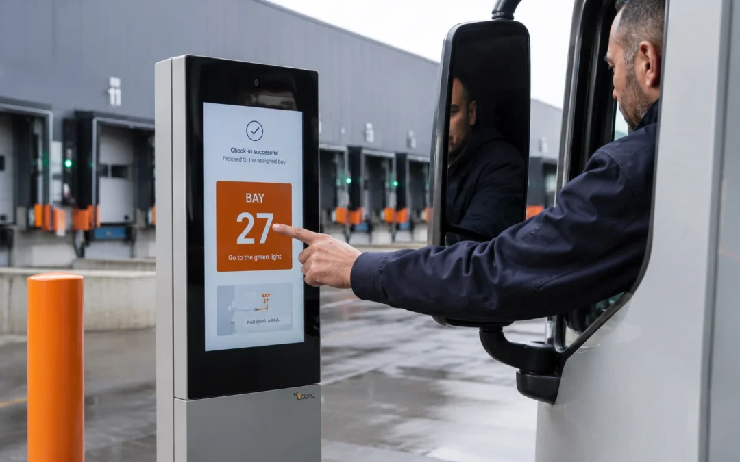 Sistema di gestione baie di carico e scarico: come funziona il check-in digitale camionista che effettua il check-in al totem digitale per entrare nelle baie di carico