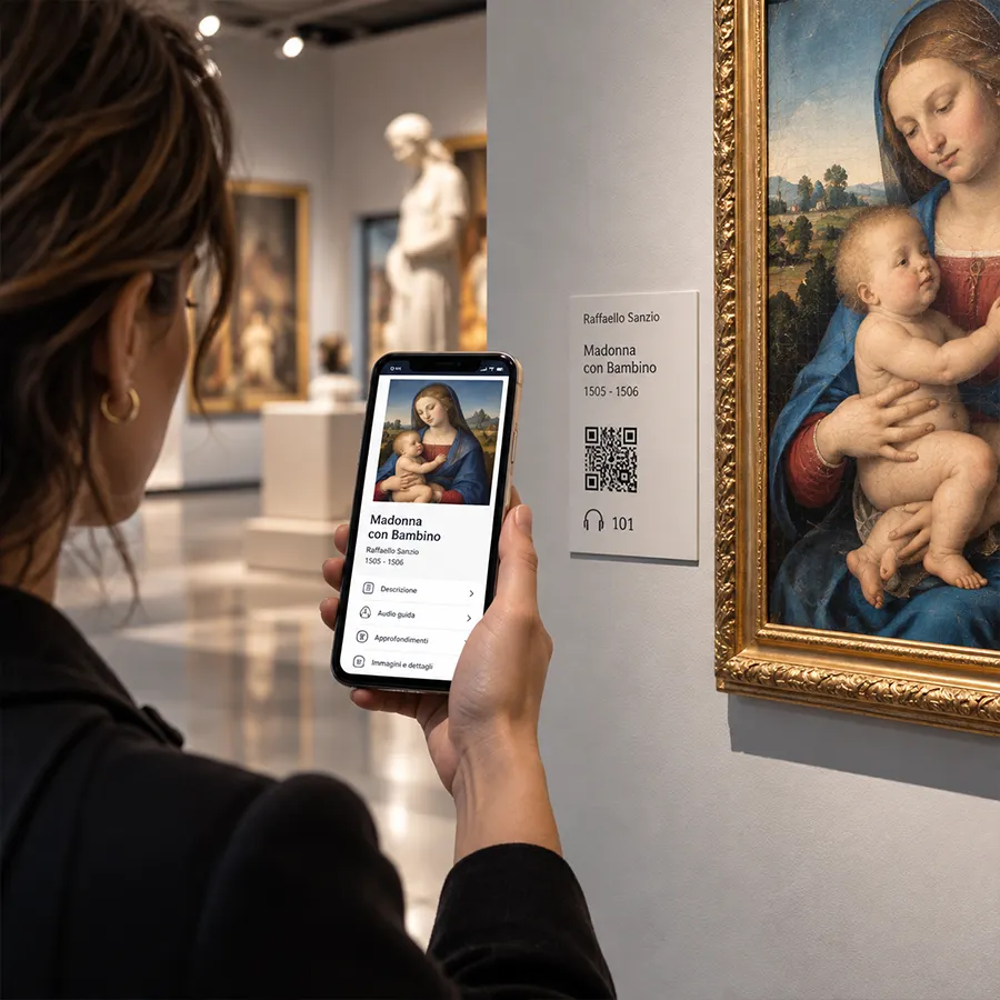 Visitatrice consulta sullo smartphone la scheda digitale di un dipinto tramite QR code in un museo
