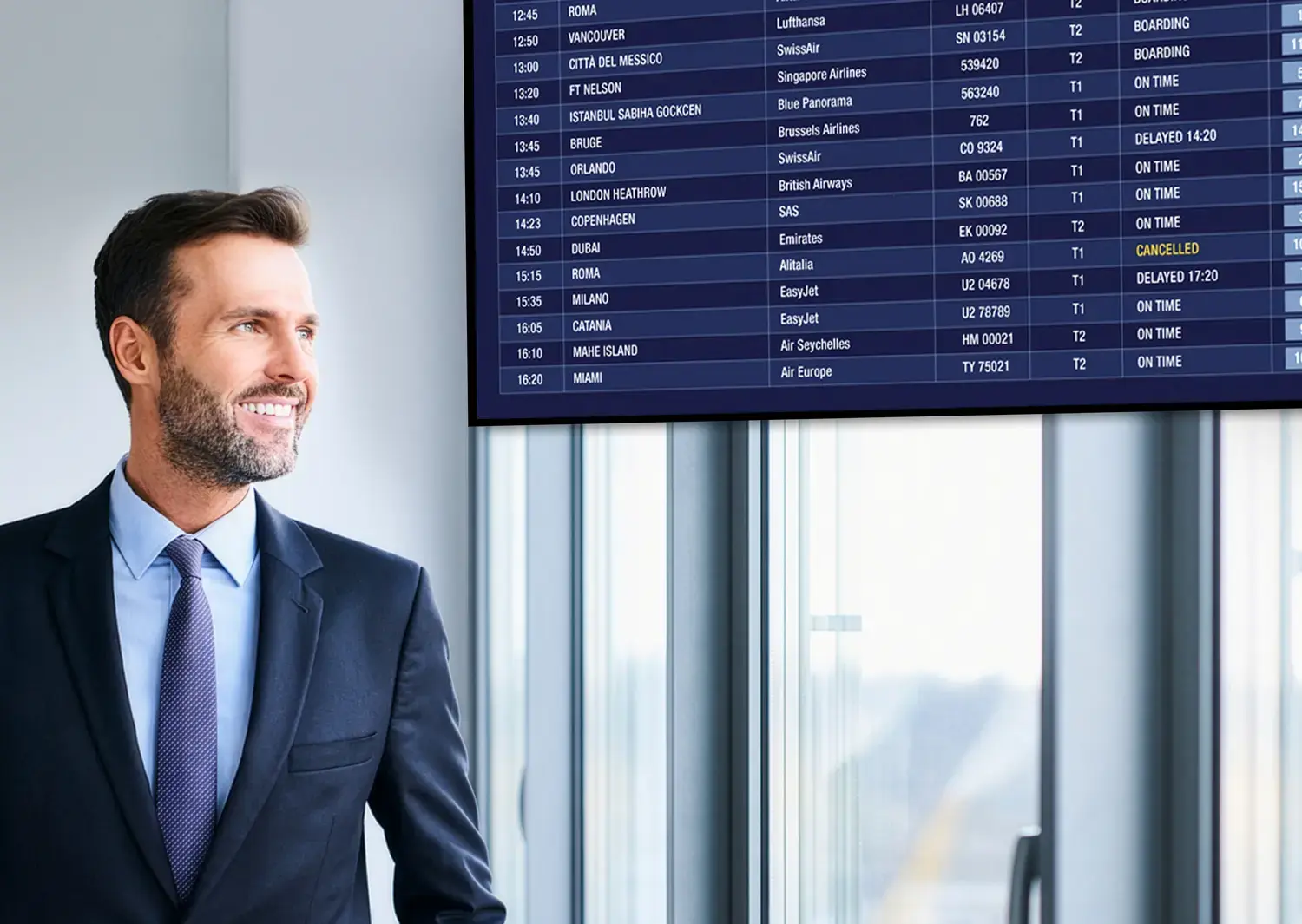 sistema di visualizzazione degli orari di arrivo e partenze di voloa ereo o bus